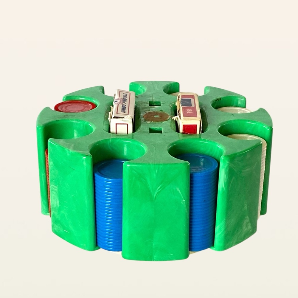 Vintage Green Marble Plastic Revolving Poker Chip Caddy Retro Game Night